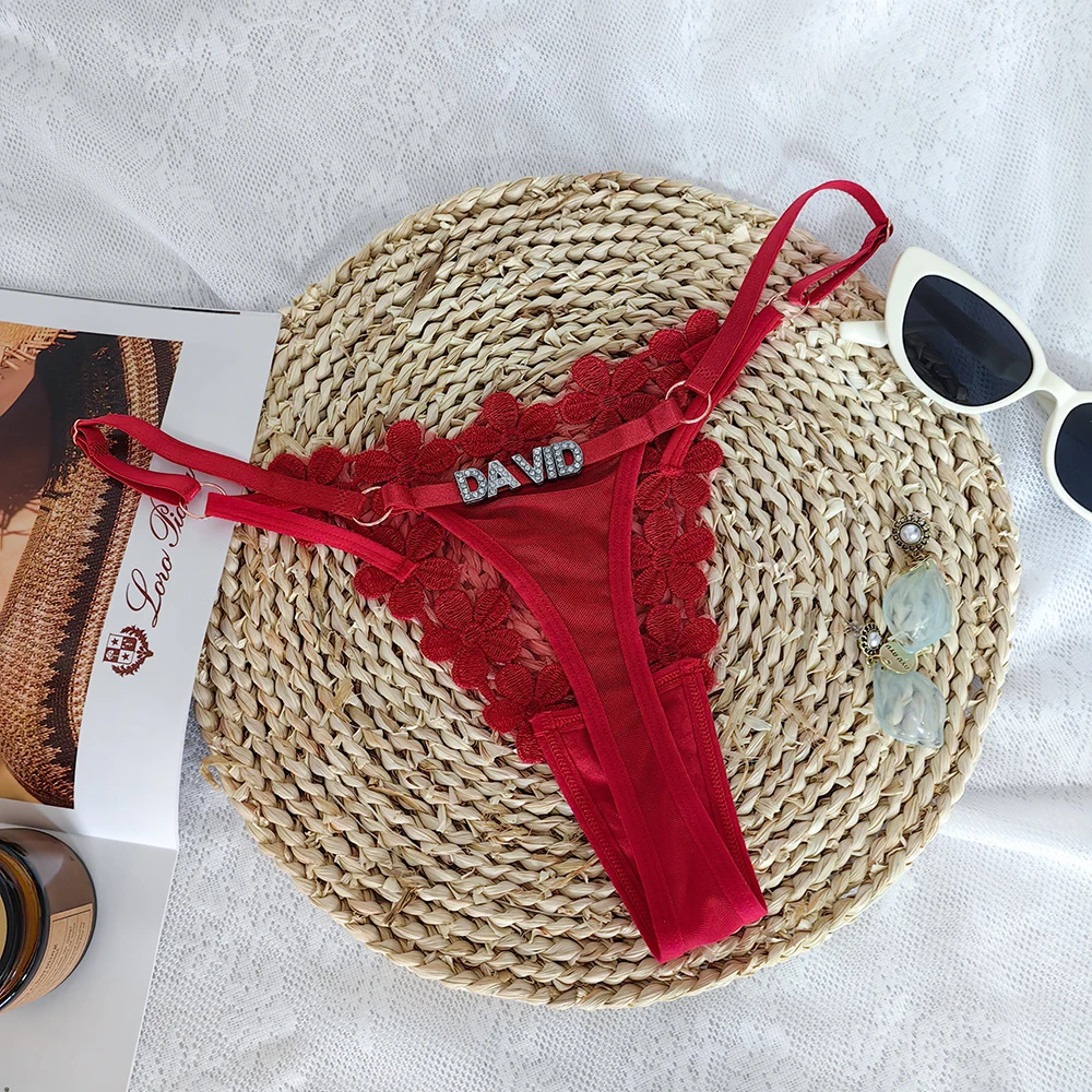 2024 Custom Letter Name Sexy lace Embroidered Underwear Tangas flower Panties with rhinestone letter Thong