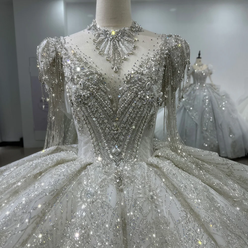 Jancember XS062 Crystal Tassel Short Sleeve Bridal Wedding Dresses With Long Tail