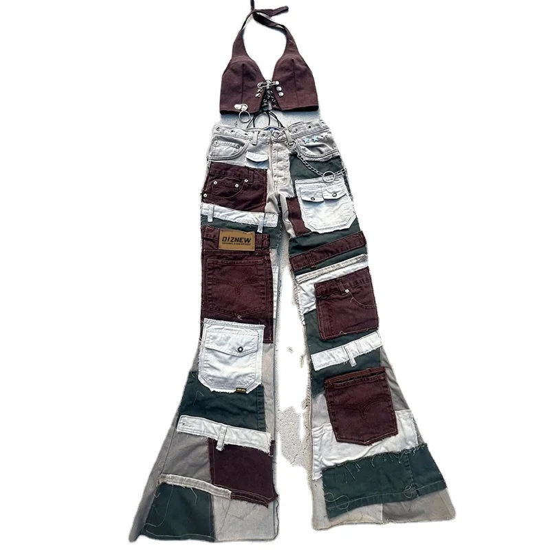 DIZNEW OEM Wholesale women clothes 2 piece Jeans outfit Summer fashion woman cargo jeans and sexy lace up tops