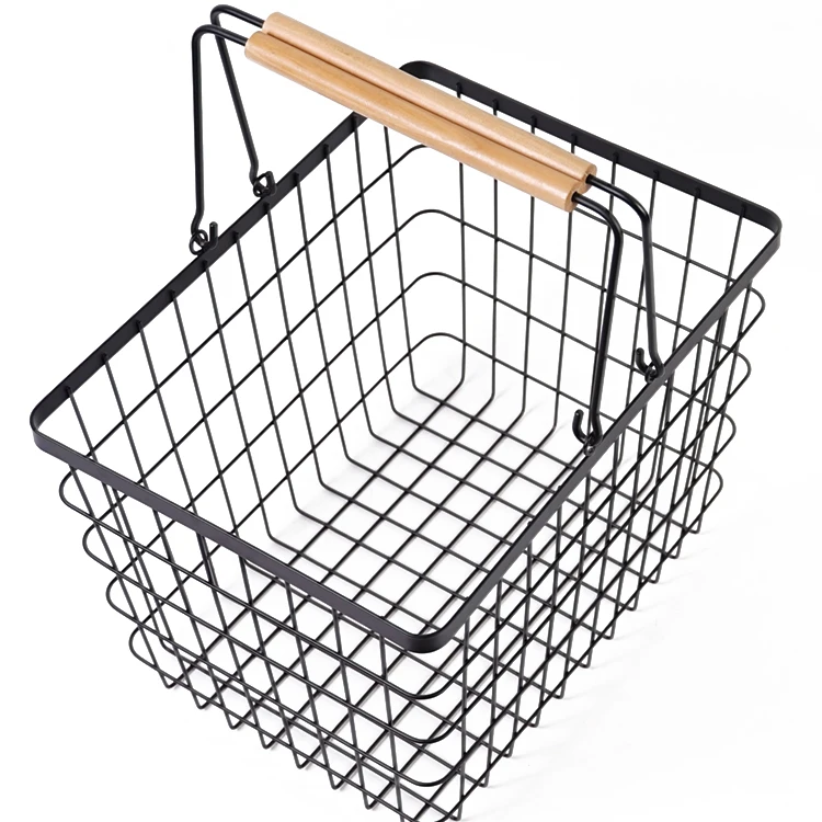 Vintage Locker Wire Storage Basket with Wood Handles for Closets Pantry Kitchen Garage Bathroom