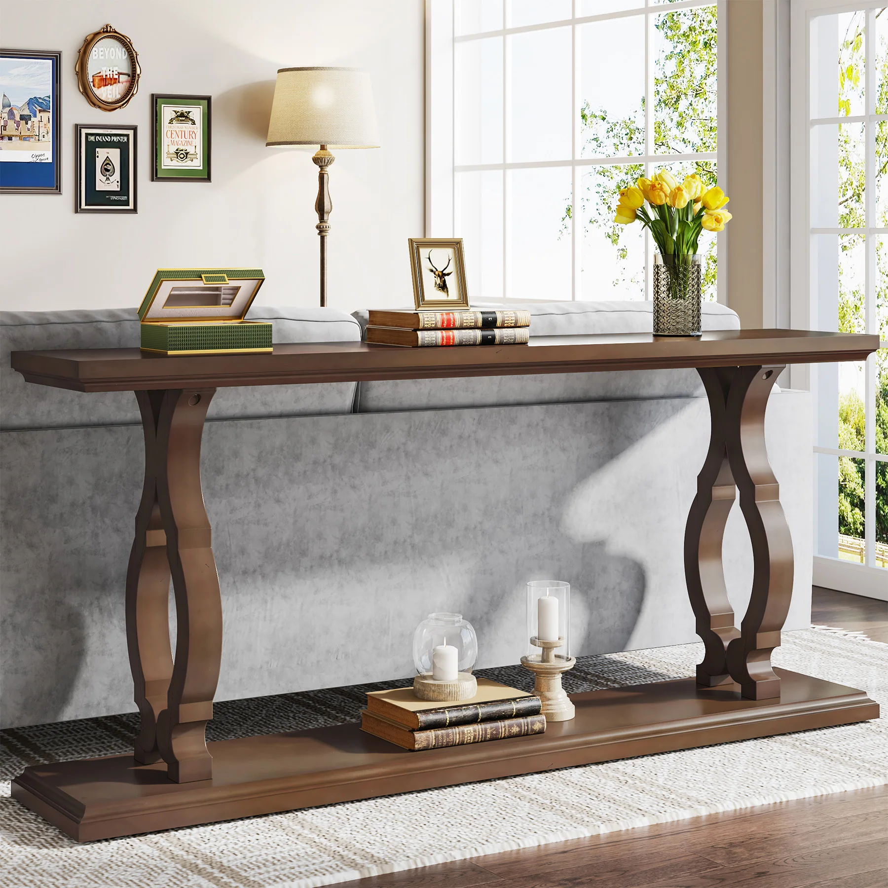 Modern antique farmhouse 2 tier entry console table wood vintage retro with open storage for living room entrance, hallway