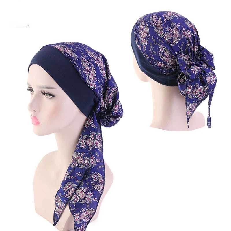 Floral Pre-tied Turban Elastic Wide Band Long Tail Head Scarf Turban Sleep Hair Cover Hat Muslim Hijab Ethnic Bandanas