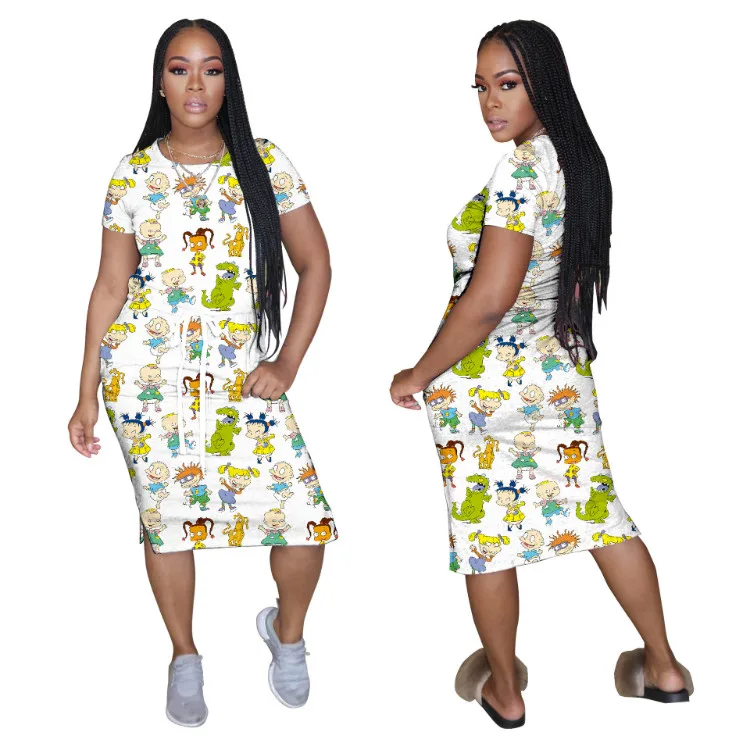 
2020 New Arrival Home Dress A-Line Cartoon Pajamas Printed Tie Dye Girls Party Dresses Women Maxi Dresses 