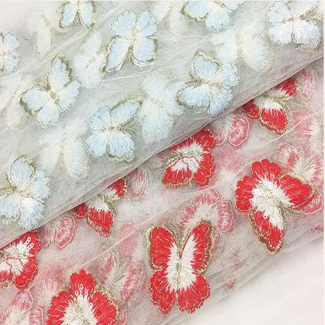 New fashion custom blue and red sequin butterfly embroidered lace fabric For Wedding Dress