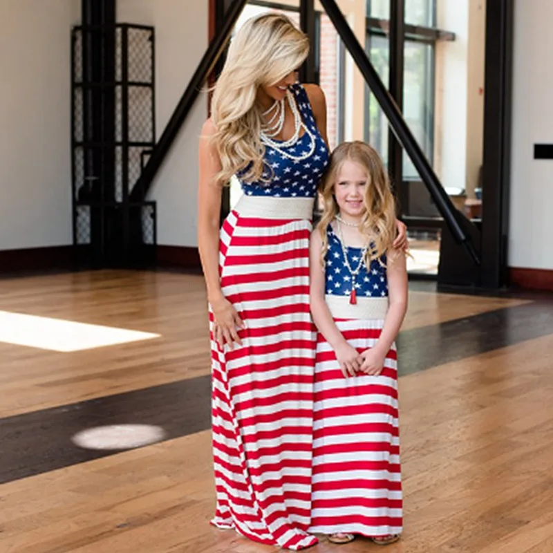 4 of July USA Flag Star Stripe Mommy and Me Dresses Casual Floral Family Outfits Summer Matching Maxi Dress