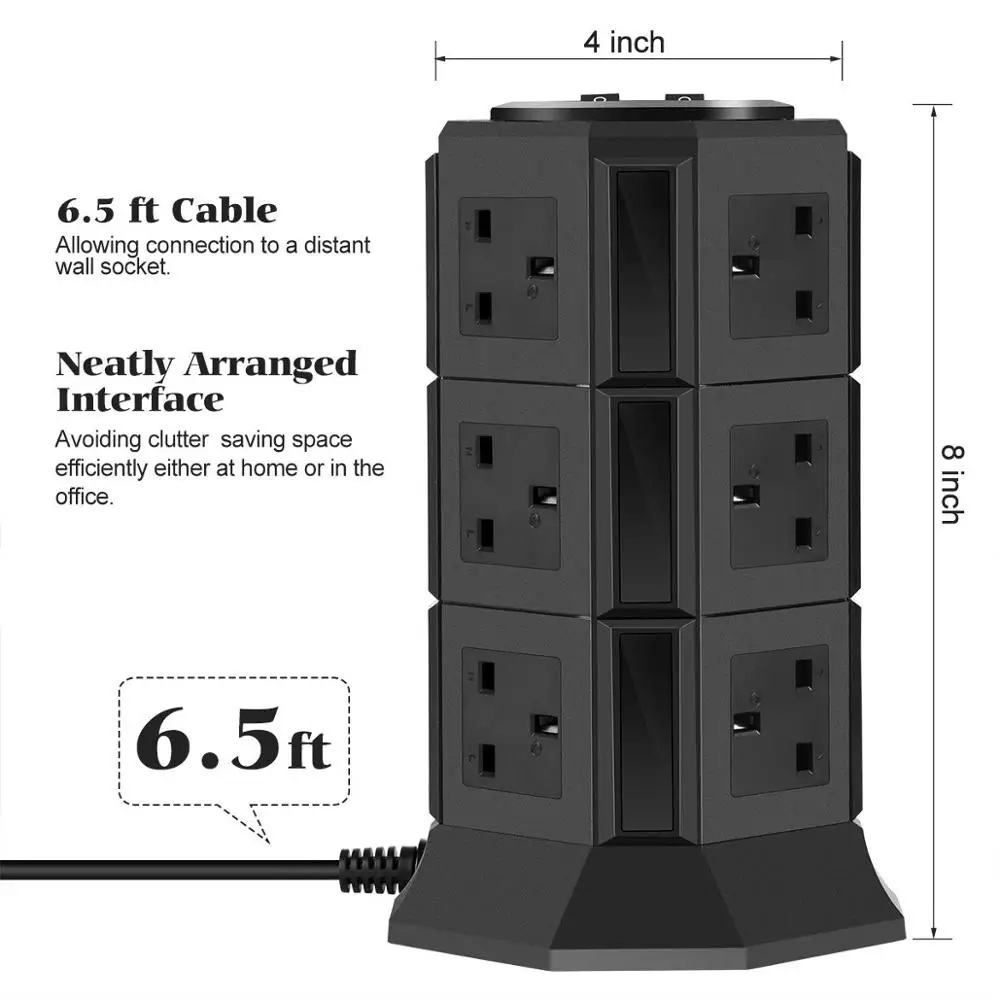 UK башня расширение Мульти Розетка 12 способ Защита от перенапряжения сетевой фильтр электрический водонагреватель с 5 портами USB для зарядки