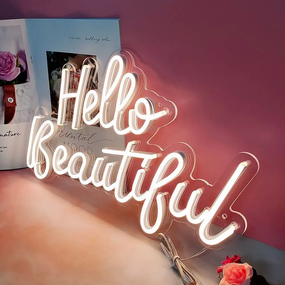 
Drop Shipping Wall Mounted Neon Wedding Sign Neon Light Sign Custom Acrylic Hello Beautiful Neon Sign 