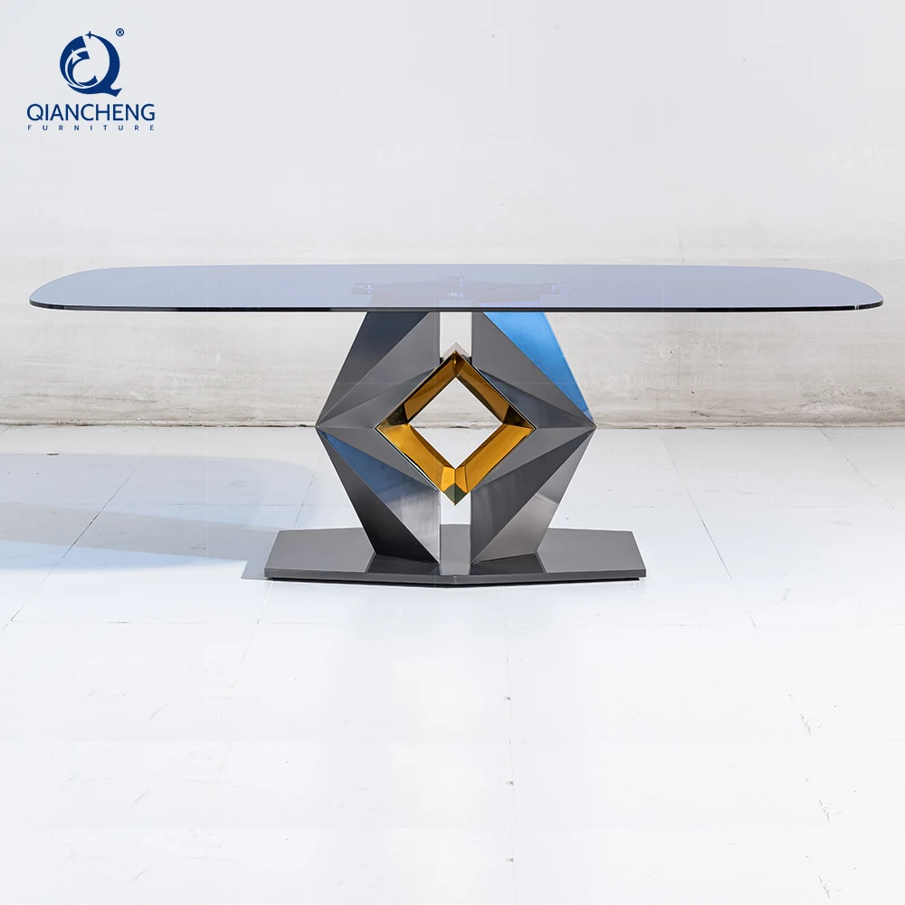 Modern living room furniture Tempered glass top 8 Seater Dining Table with stainless steel base tables for home