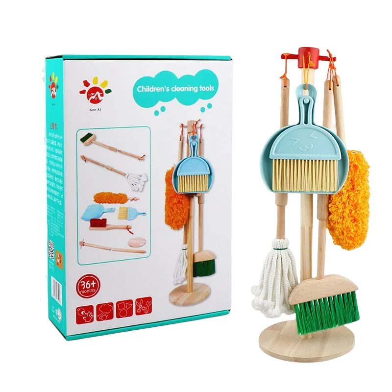 CHCC Hot-selling High-quality wooden broom mop and dustpan set toy for boys and girls cleaning solid wood toy set