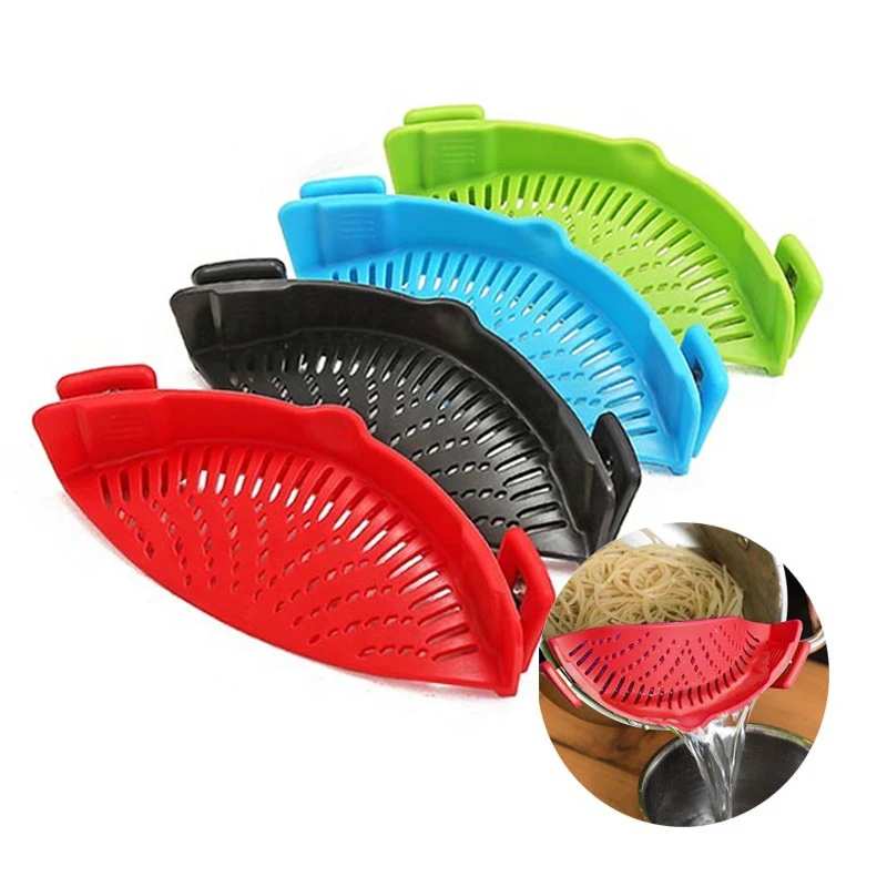 New product fits all pots and bowls Snap N Strain Strainer clip on silicone strainer