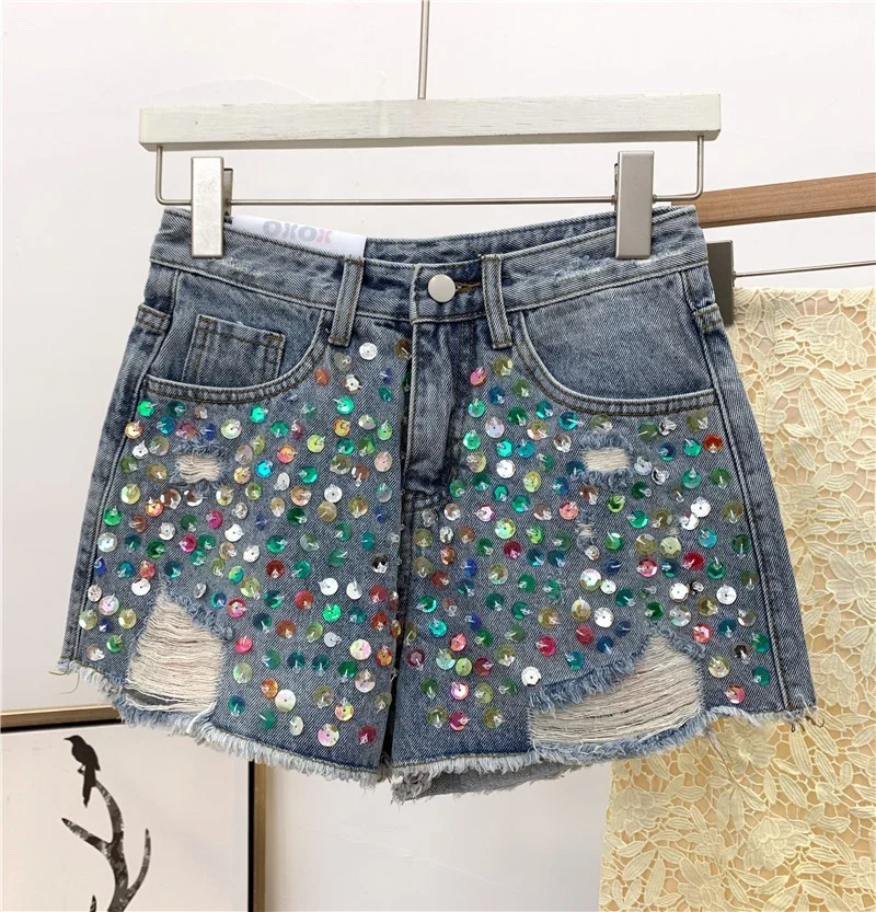 High Street Stylish Colorful Hand Sewn Crystal Rhinestone Girls Jeans Denim Shorts