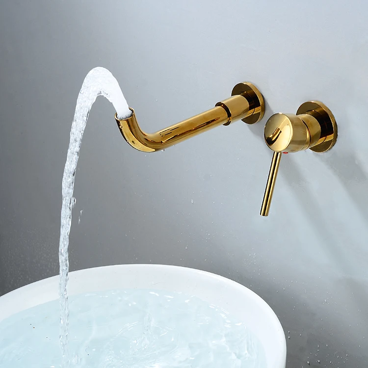 Wall Mounted Bathroom Faucet Solid Brass Basin Mixer Golden Bathroom Taps with 360 Degree Rotating Nozzle