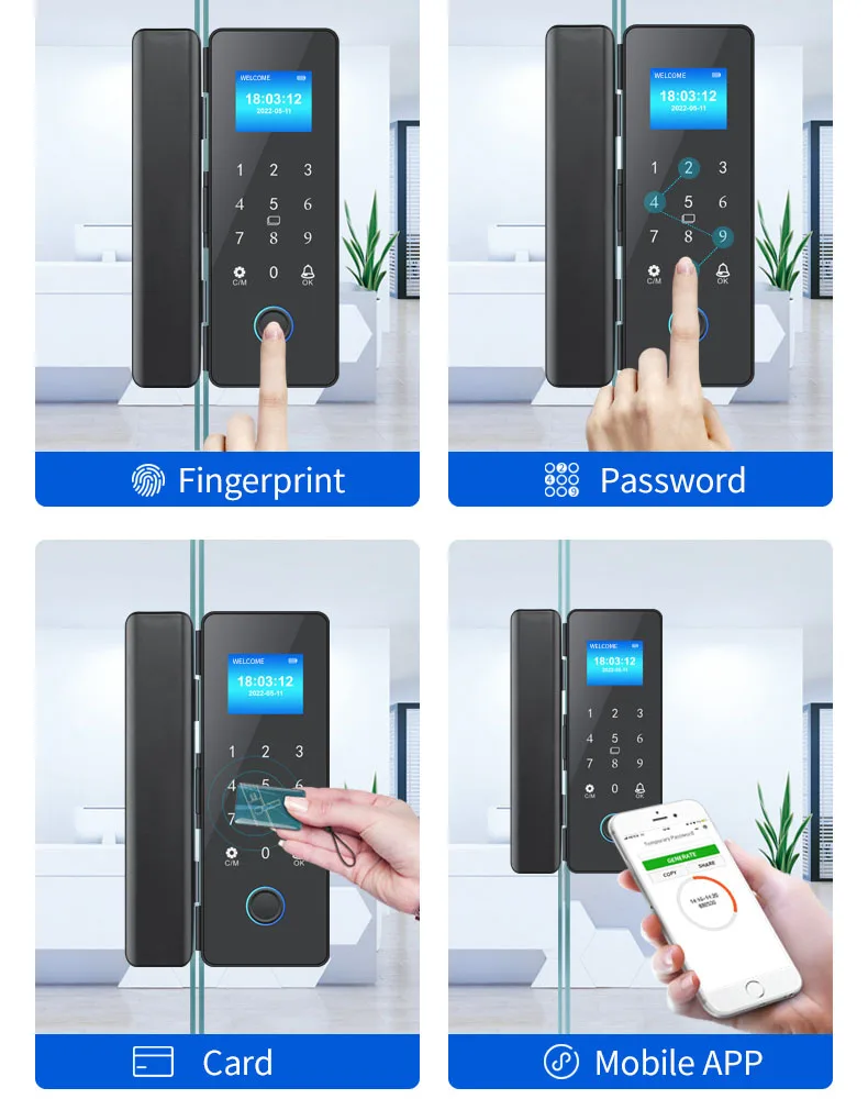 office government glass door tuya app remote control biometric fingerprint IPS screen smart glass door lock