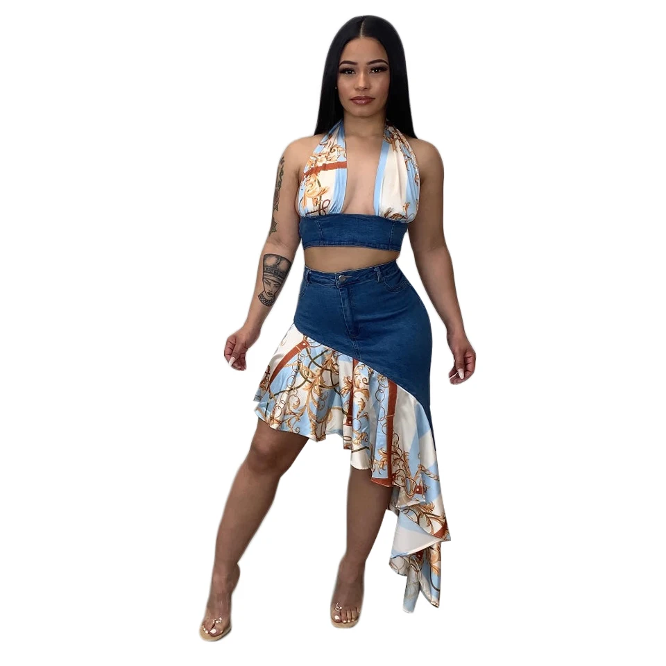 Two piece skirt set denim skirt two piece set skirt for women