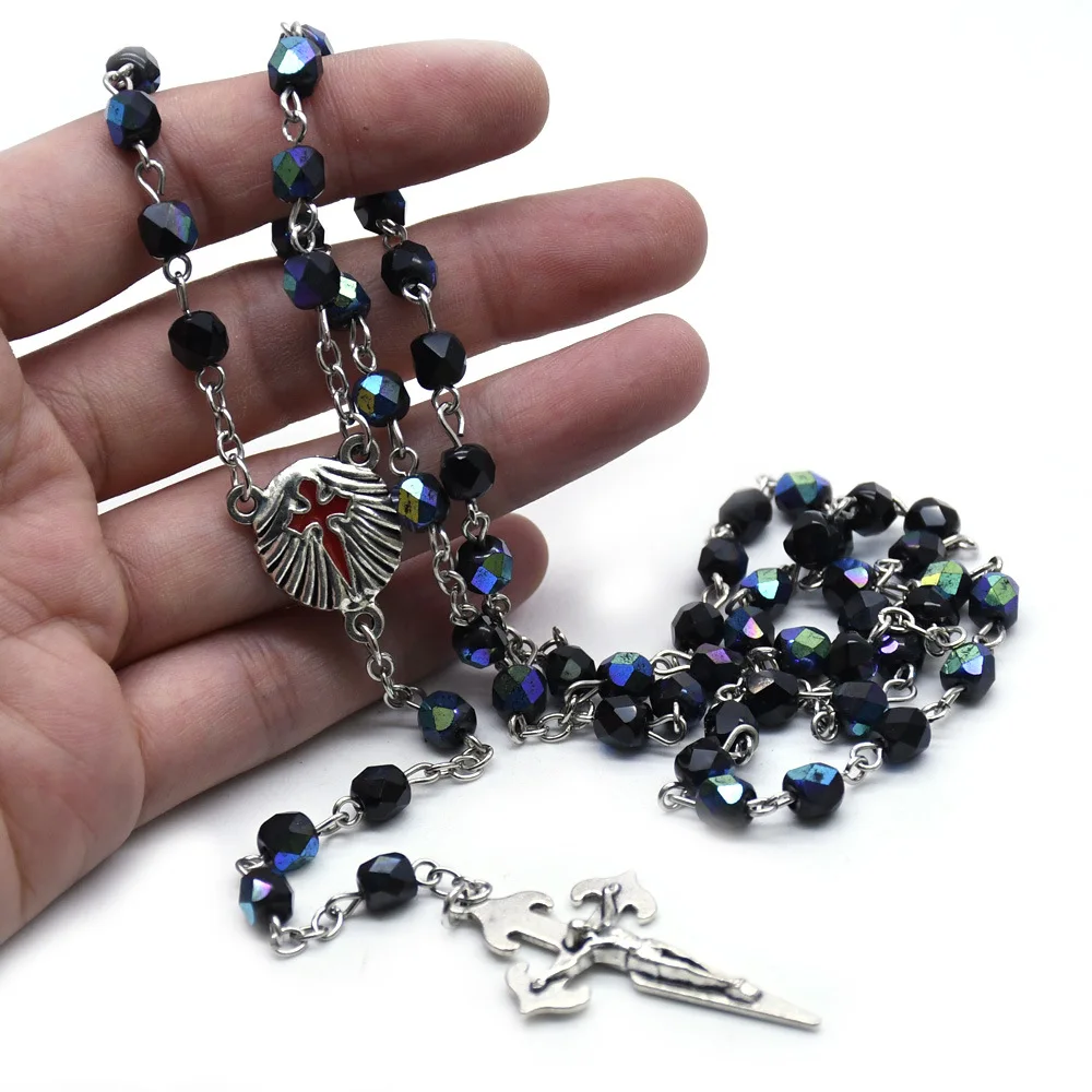 Aquamarine Rosary Necklace San Diego Santiago Shell Red Cross Rosary Prayer Beads Jewelry Colorful Crystal 6mm Necklaces