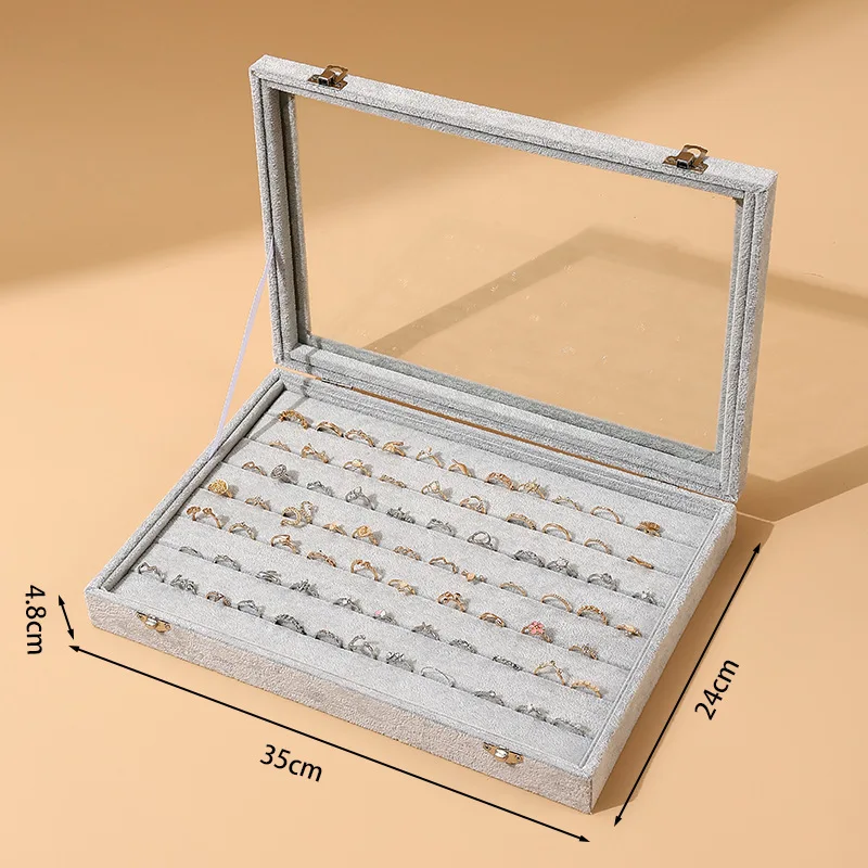 Dust Proof Clear Cover Jewellery Ring Organizer Storage Case Prop Black Gray Velvet Fancy Ring Display Box for Retail