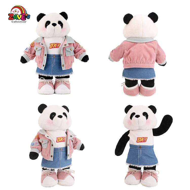 Zaves 15.5 Inch Standing Panda Plush Doll Pink Denim Dress Play Exhibit Black White Fabric Skin Friendly Novelty Gift