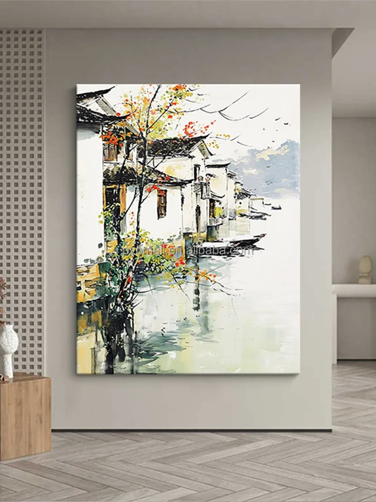 Art scenery drawing style oil colour painting hand painted traditional chinese wall painting chinese landscape painting