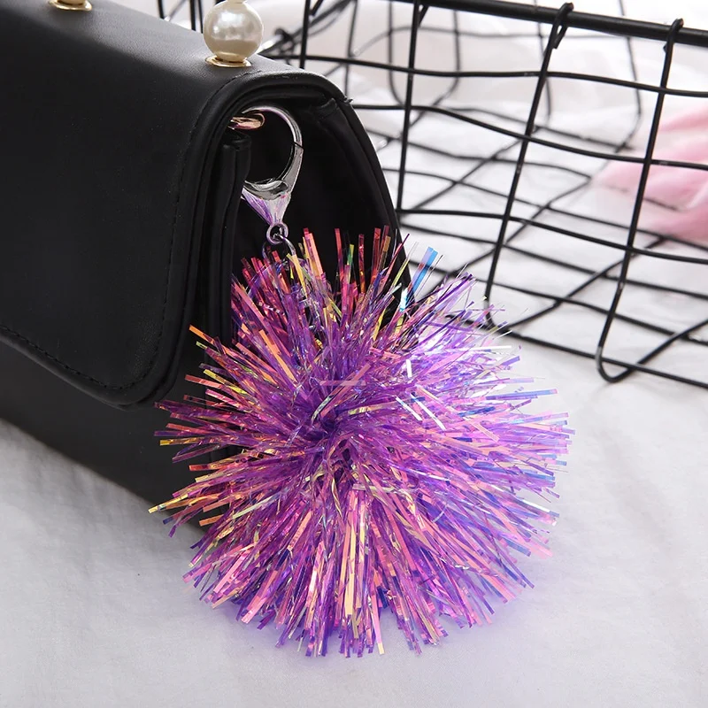 Colorful Wedding Birthday Party Gift Present Kids Girl rainbow film Laser Foil Tassels Fringe Ball Key Ring Keychains