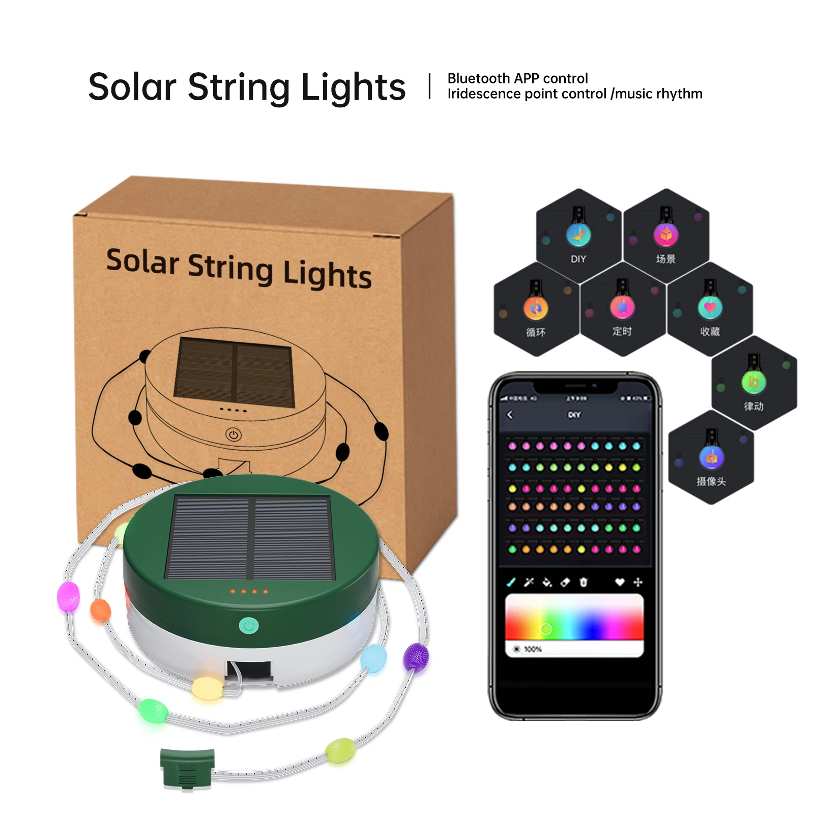 Smart RGB Solar Camping String Lights Solar USB Rechargeable Battery Portable LED Tent Lights Waterproof for Hiking Yard Party