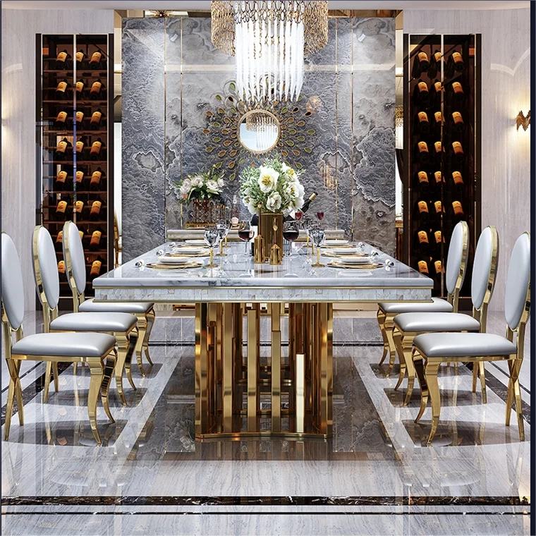 luxury dining room furniture modern metal dining table set 8 seater gold dining table
