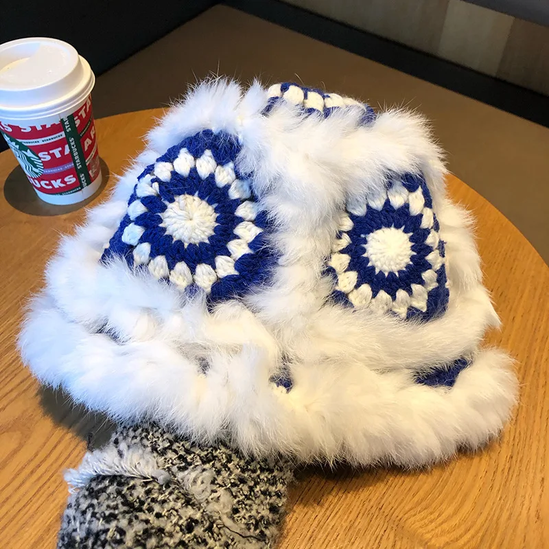 High Quality Cute Lion Pattern Furry Wool Warm Rabbit Fur Women Winter Knitted Beanie Hat 3m Hat