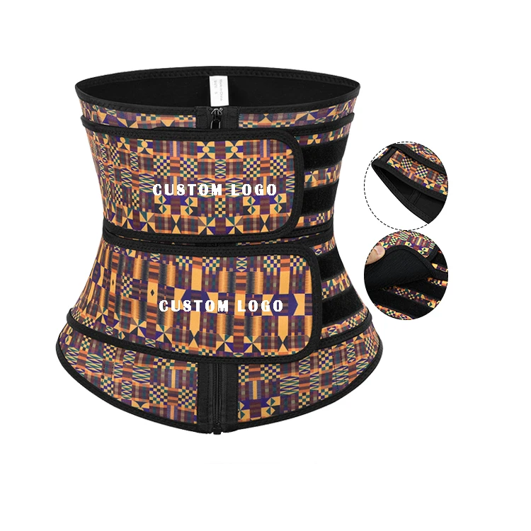 
New Arrival African Printing Latex Waist Trainer Double Strap Compression Weight Lose Women Plus Size Waist Trainer 