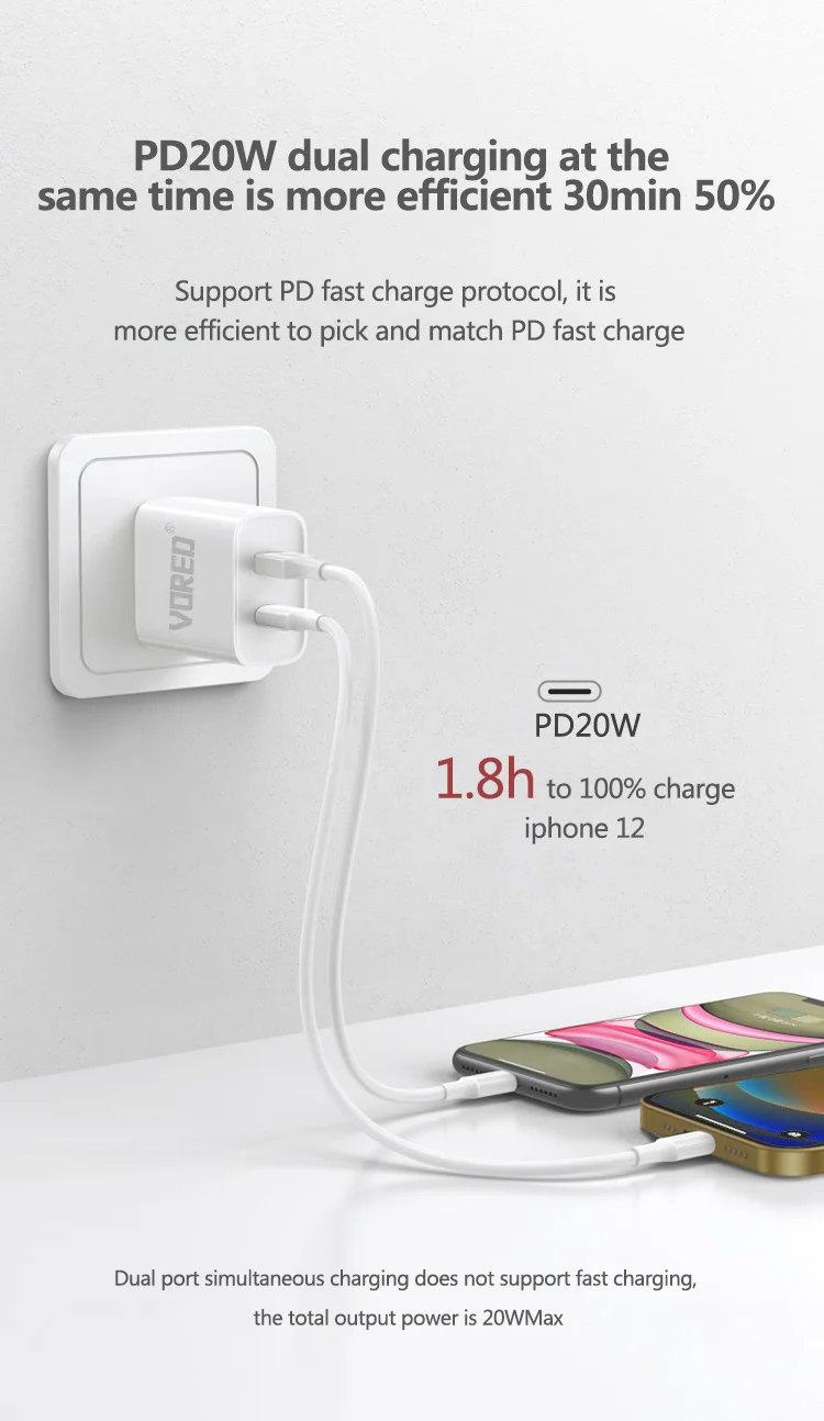 
2021 New Arrivals PD Fast Charging Adapter Dual Port USB-C type-c to Lighting Charger for Mobile Phone 