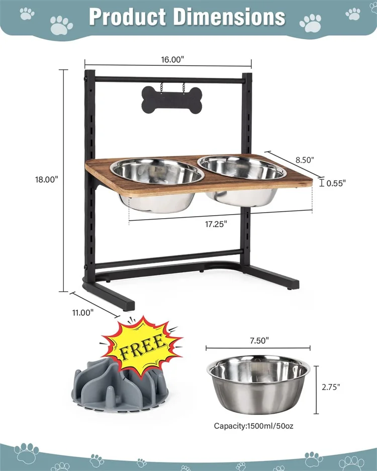 adjustable  Heights Tilted Stainless Steel Raised Dog Bowls Stand Metal Food and Water Bowl for Large Medium Small Dogs and Cats