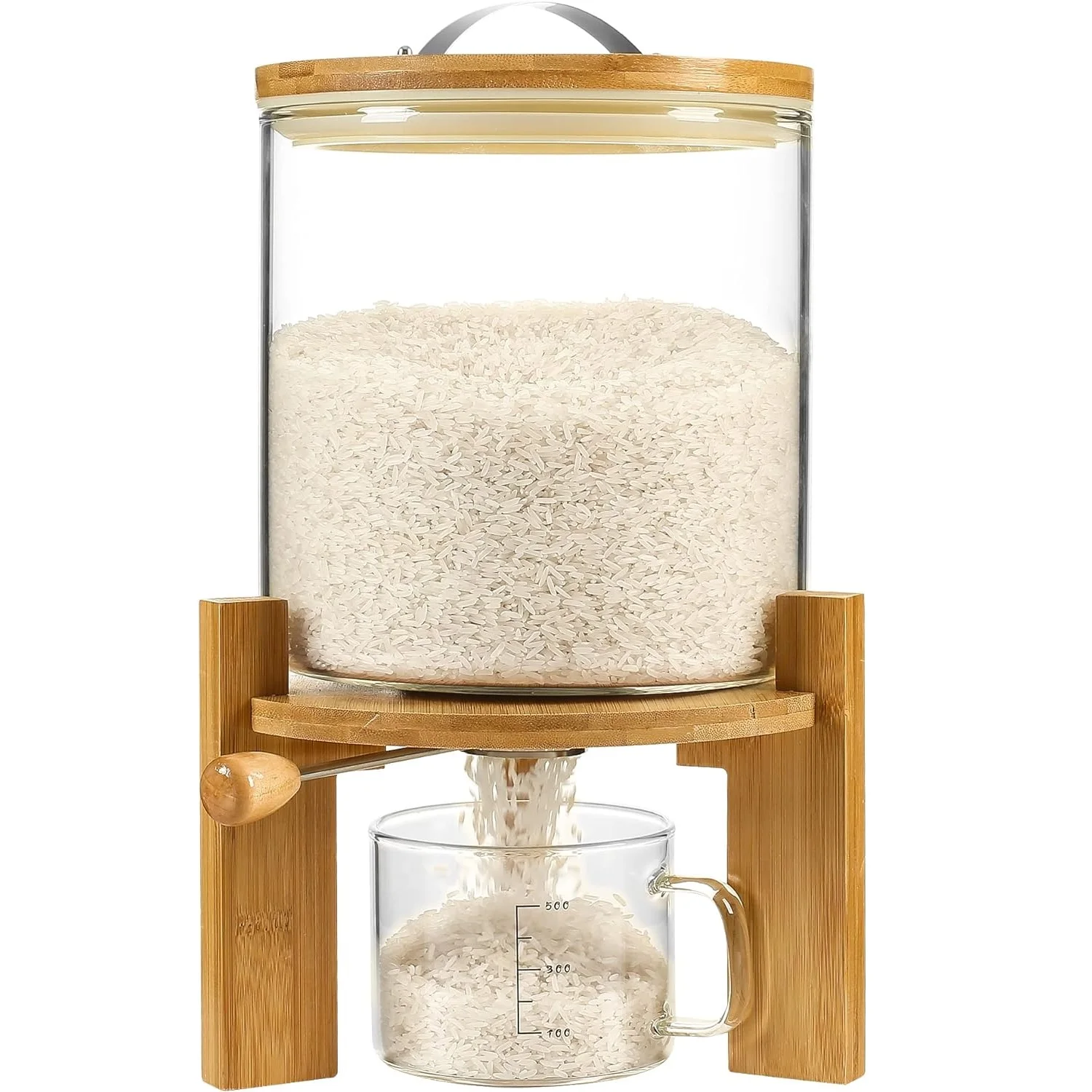 Kitchen wooden rice storage box container stand and bamboo rice dispenser base with measuring cup food container