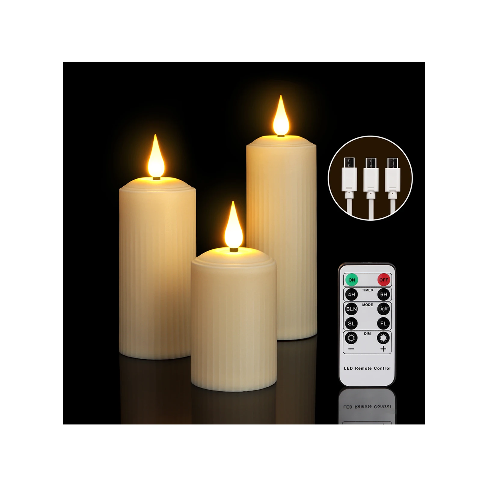 2023 Pack of 3 New Arrival Remote Control LED Pillar Candle Rechargeable USB-C Waterproof Flameless LED Candle