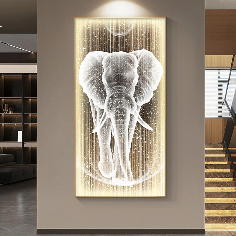Custom modern Art Deco Elephant animal Wall Painting Light up art painting with light LED background wall decoration