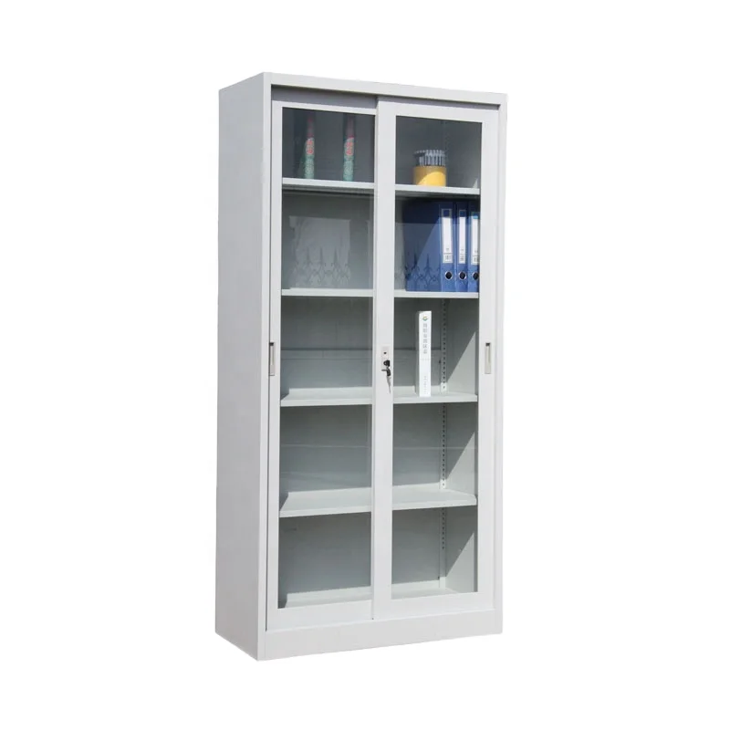 Hot Sale Steel Frame Glass Sliding Door Rolling Filing Cabinet with 4 Shelves Office Cupboards Design