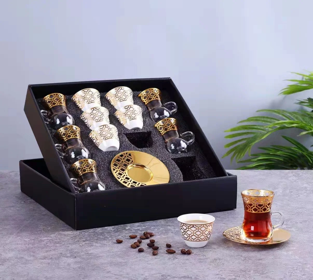 QIAN HU  Vintage Gift Set Classic Gold Plated Turkish  Glass Coffee Cups and Saucers Set Tea Set for Afternoon Tea