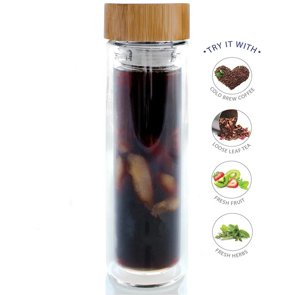 20oz fruit glass water filter cup tea infuser travel glass water bottle with stainless steel infuser and strainer