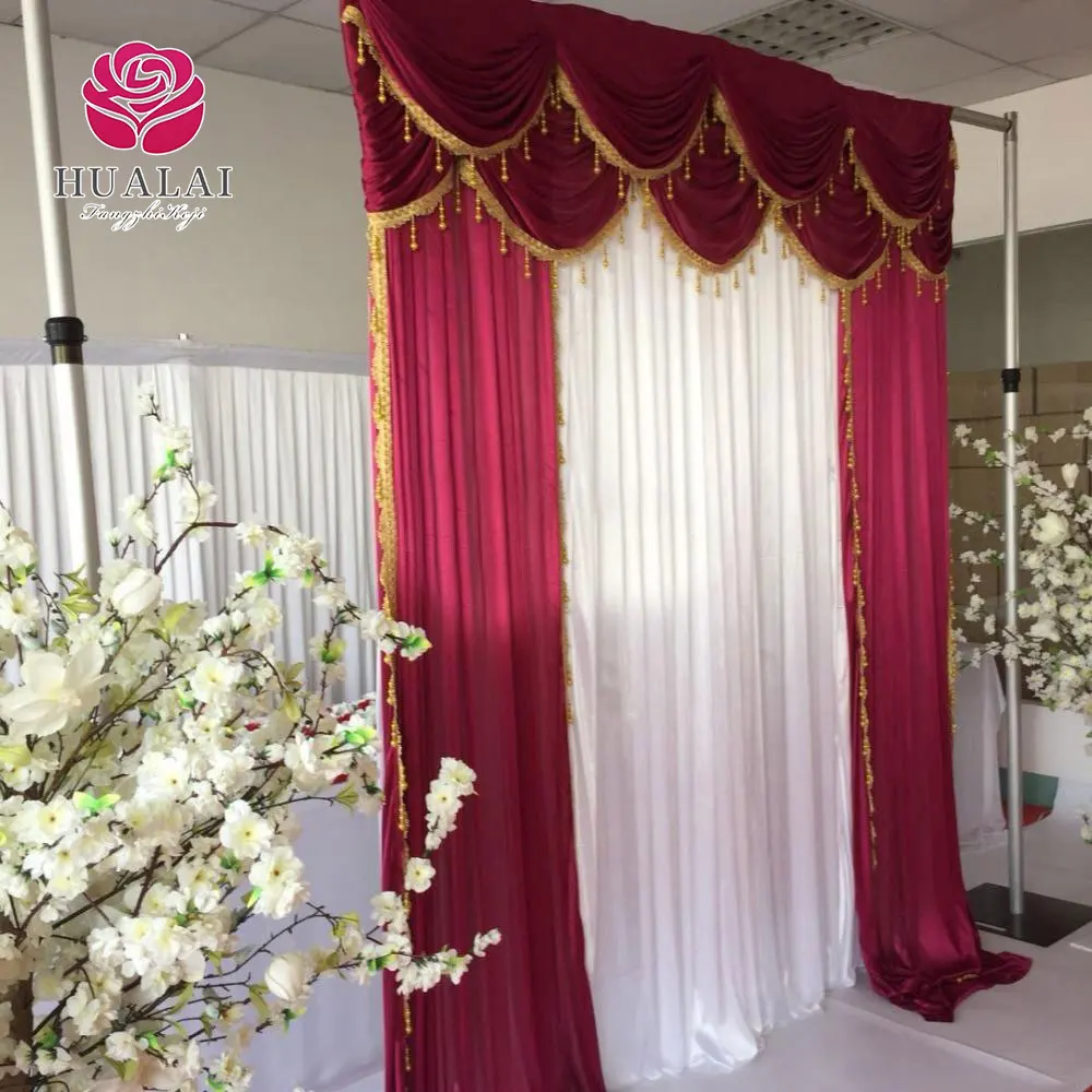 beatiful wonderful fancy wine red white tassels ice silk curtain drapes backdrop for wedding stage birthday party decoration