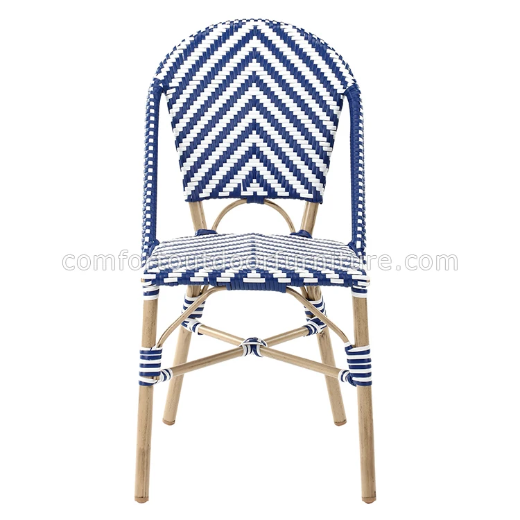 Commercial Grade Metal Frame Morden Seating Rattan Woven Dining Chair in Navy blue+white color