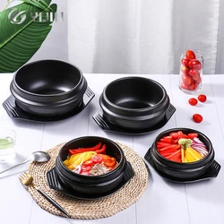 Wholesale black ceramic soup pots dolsot bibimbap ramen casserole stone bowl with tray