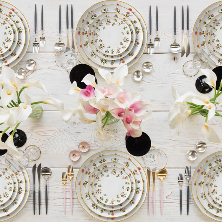 Factory Direct Countryside Style Floral Porcelain Tableware Set Dinnerware Wholesale Kitchen Plates Set