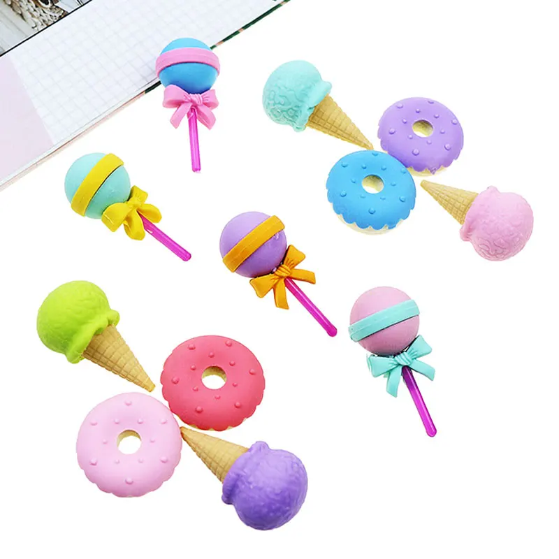 BECOL Wholesale Funny Cute 3D Student Erasers Mini Cartoon Rubber Desserts Candy Lollipop Donuts Shape Eraser Sets for Gift