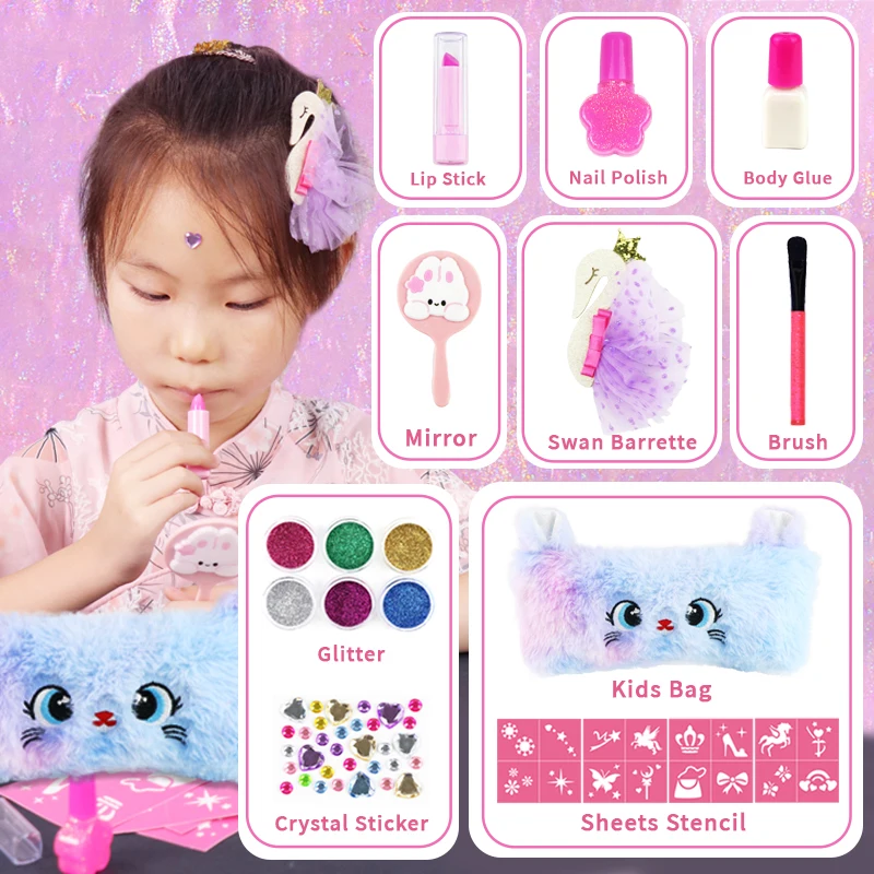 GP Kids Non-toxic Pretend Play Makeup Kits Girls Cosmetic Beauty set Washable Nail Makeup Backpack Bag For Birthday Toys Gift