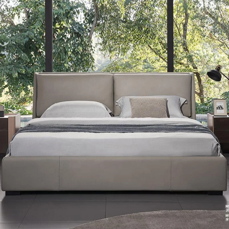 Modern luxury villa bedroom furniture adult double bed solid wood dark grey leather bed