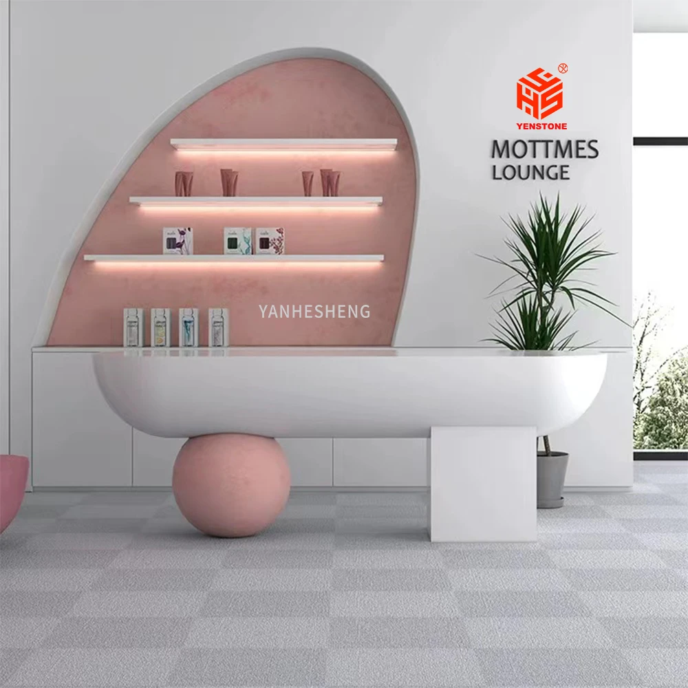 2022 salon pink Yenstone oem artificial stone beauty nail design modern front desk 1700 mm reception desk custom reception desk