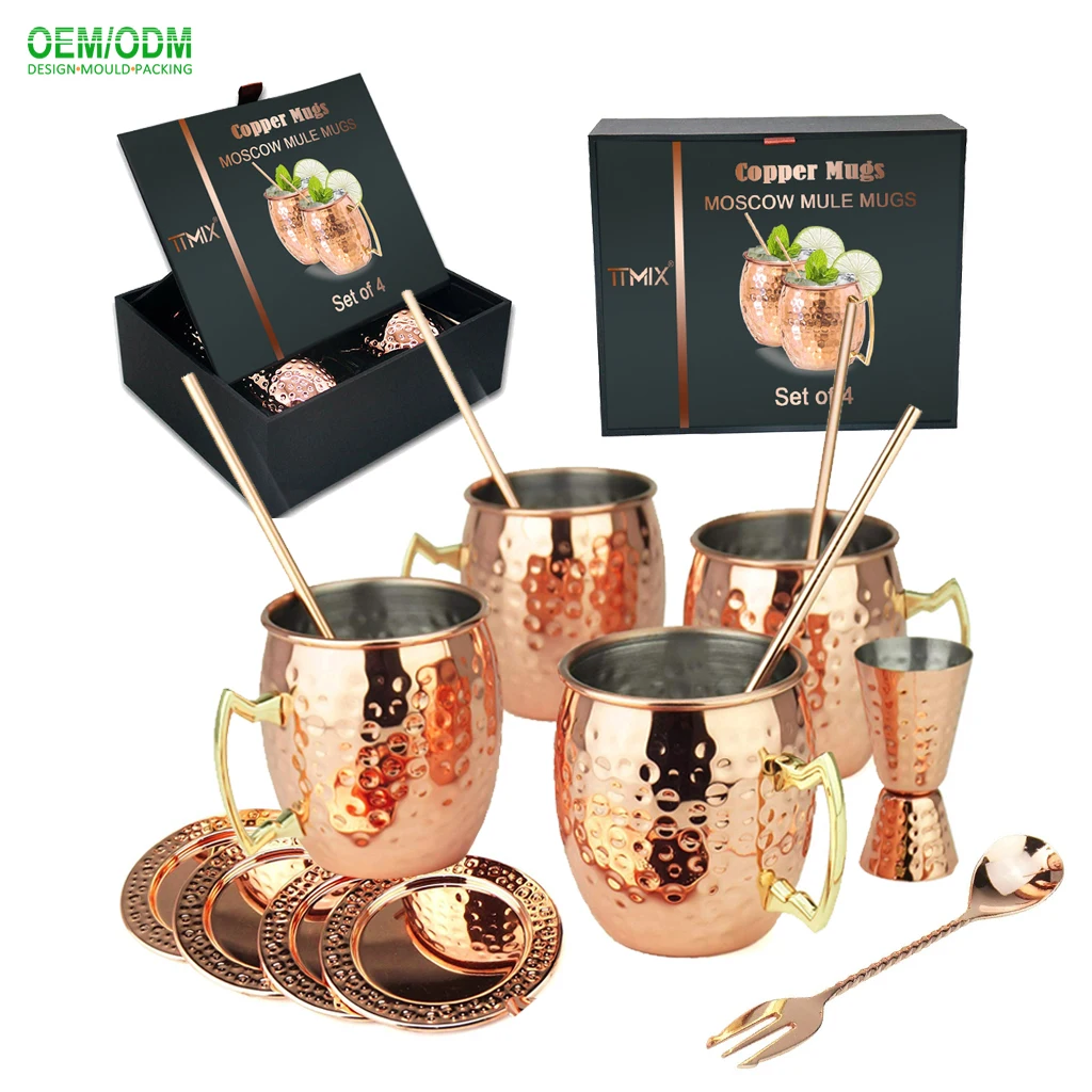 Moscow Mule Mugs Copper Plated 15in1 Cocktail Bar Gift Set 4 Straws Coasters Jigger Double-head Stirrer Hotselling OEM