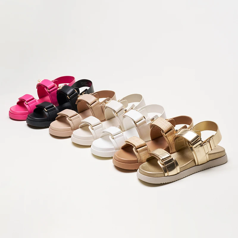 Wholesale Beach Summer Comfort Adjustable Double Strap Slip on Open Toe Pu Leather Ladies Women Flat Sandals