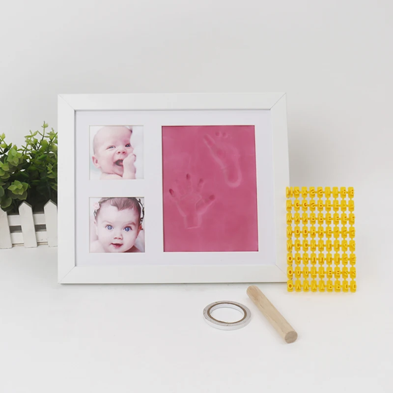 Baby Handprint & Footprint Kit (Date & Name Stamp) Clay Hand Print Picture Frame for Newborn - Best New Mom Gift