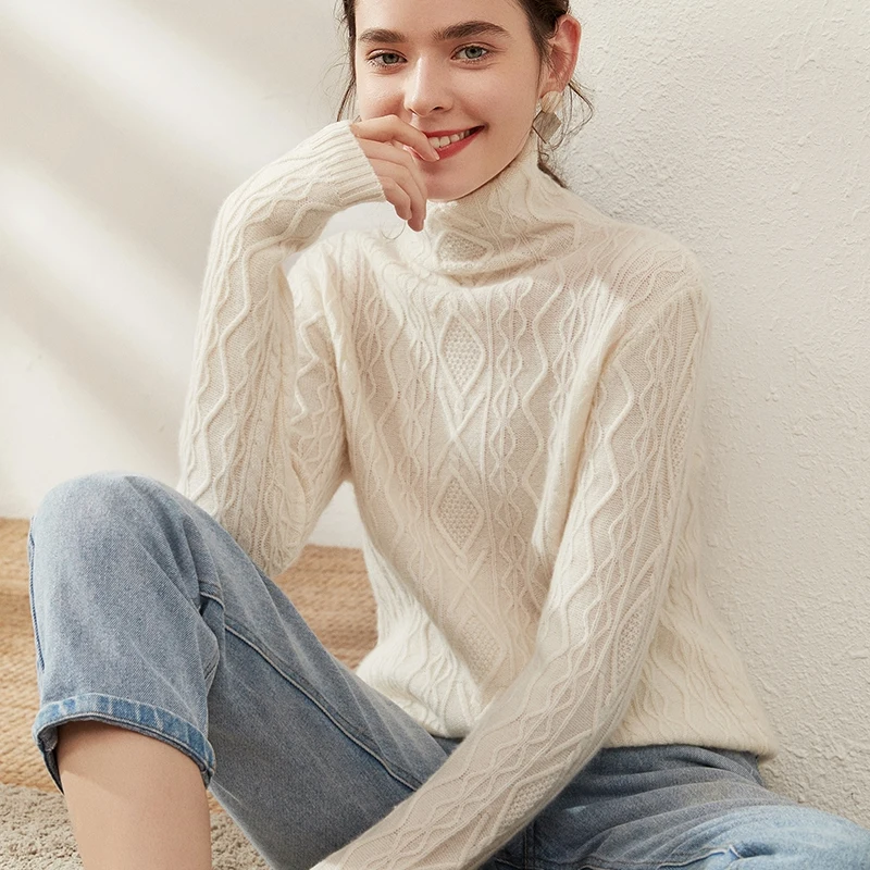 Модный зимний женский вязаный жаккардовый свитер с высоким воротником из 35% кашемира и 65% мериносовой шерсти