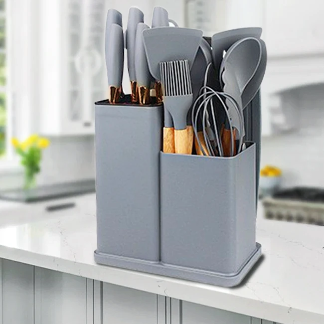 Hot Sale 19PCS Silicone cooking tools & gadgets/accessories home and kitchen utensils set with wooden knife cutting board