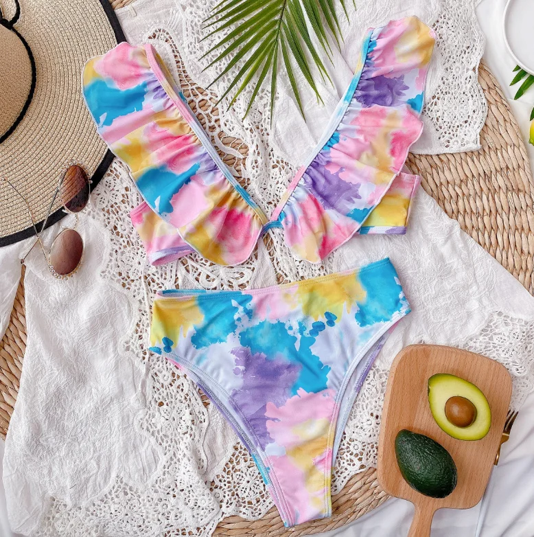 
Newest Stylish Ladies Color Ruffle Shoulder Swimsuit Two Piece Set Sexy Deep V Bikini Split High Waist Bathing Suit 