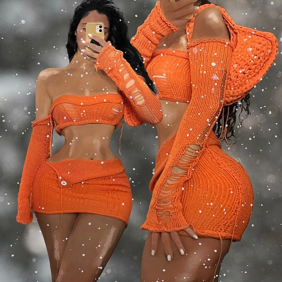 YC24826 See Through 2 Piece Outfit Sexy Knitted Top Match Skirt Two Piece Set Women Clothing